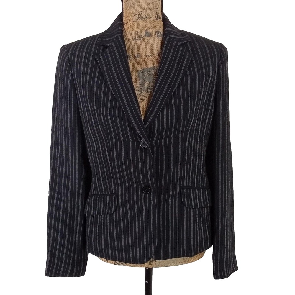 Ann Taylor Factory Blazer 6 Black White Pink Pinstripe 2 Button Suit Jacket